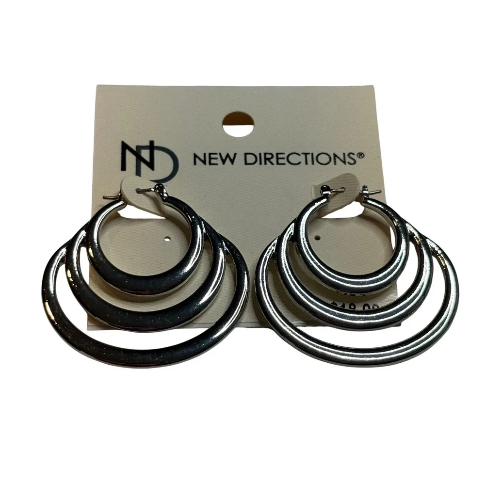 New Directions‎ Triple Layer Hoop Earrings Womens Silver Tone Multi Hoop NWT